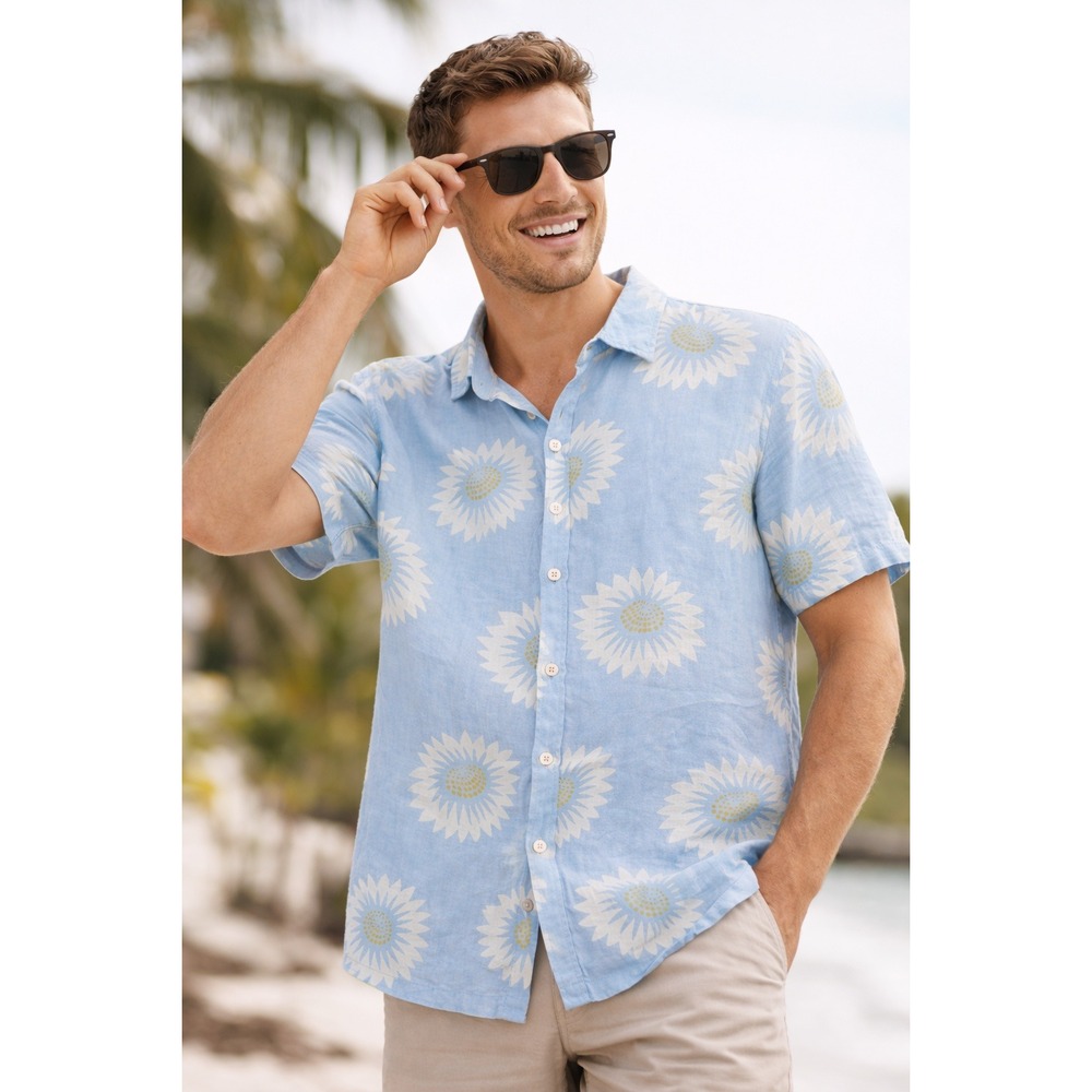 Folk Men's Blue Linen Blend Sunflower Print Button Up Shirt Size L